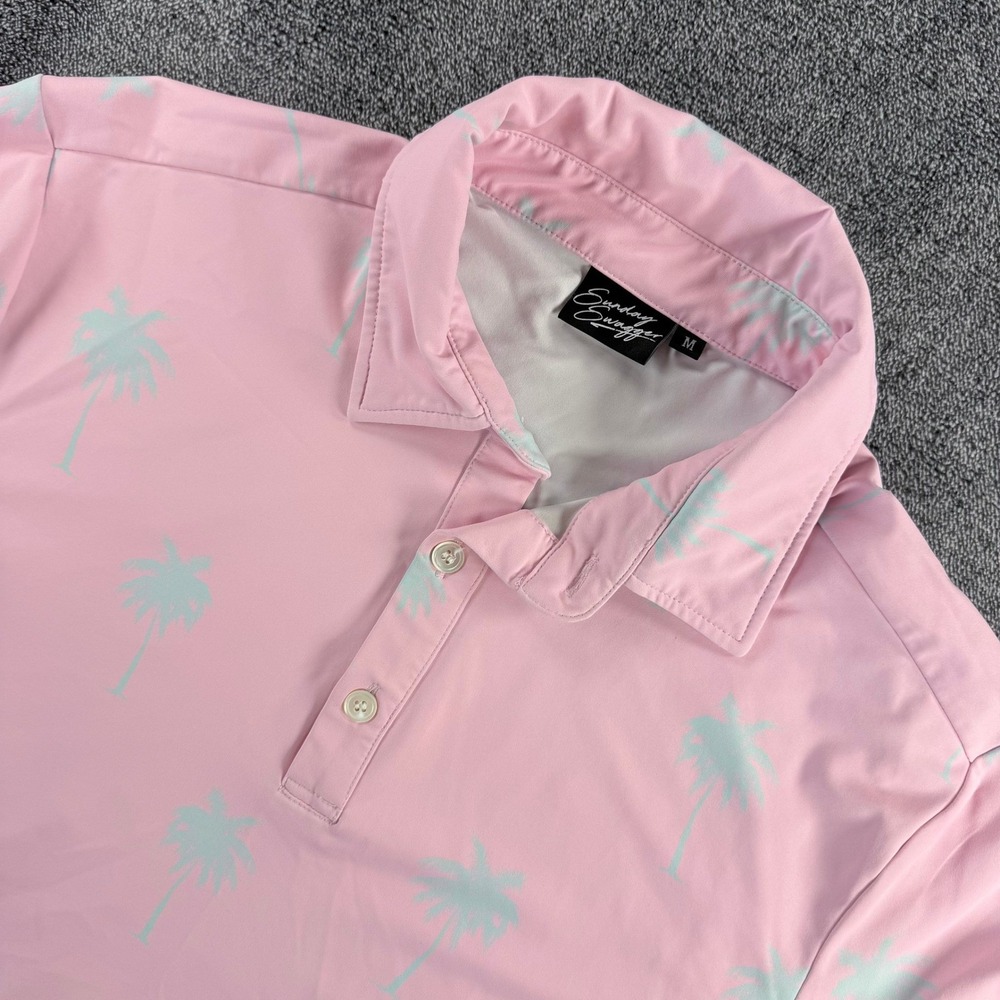 Sunday Swagger Mens Pink Palm Tree Golf Polo Shirt Performance Short Sleeve M